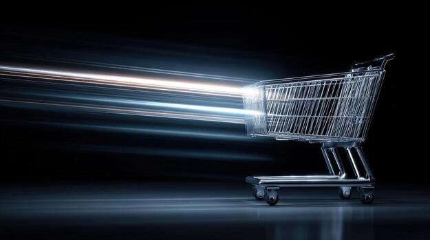Modern Shopping Cart with Speed Effect on Dark Background, Representing Fast Delivery and Online Shopping photo