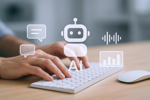 AI Integration Concept Person Typing on Keyboard with Robot Graphic Overlay for Artificial Intelligence photo