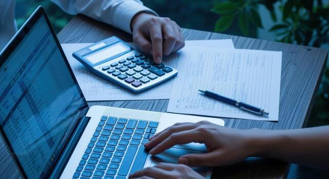 Financial Analyst Calculating Data Using Laptop and Calculator for Business Planning and Budgeting photo