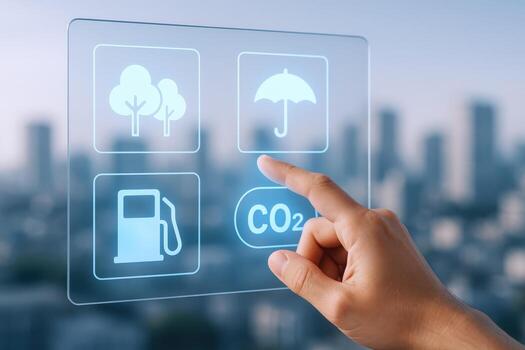 Sustainable Future Concept Hand Interacting with Interface for CO2 Reduction and Environmental Protection photo