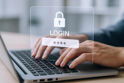 Typing Password on Laptop for Secure Login Cybersecurity Concept with Padlock and User Authentication photo