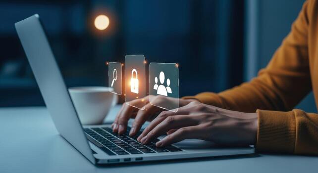 Data Protection and Security Concept Person Using Laptop with Digital Security Icons photo