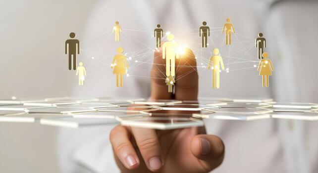 Connecting People Businessman Touches Virtual Network of Digital Golden Figures Representing Teamwork, Global Connections, and Human Resources photo