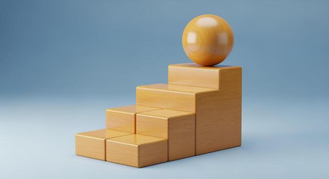 Conceptual Wooden Staircase with Sphere on Top, Representing Achievement and Progress, Isolated Against a Blue Gradient Background photo