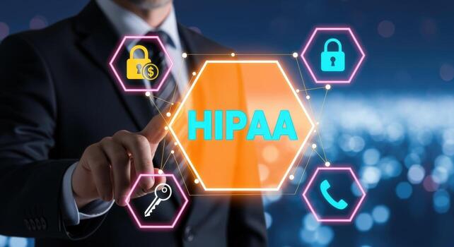 HIPAA Compliance Concept Businessman Touching Holographic Interface with Security Icons, representing Health Information Privacy and Regulations photo