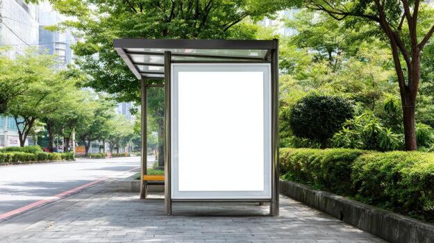 Bus Stop Advertisement Mockup in Urban Setting, Featuring Blank Billboard Space for Creative Design photo