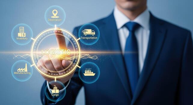 Modern Logistics Management Businessman Interacting with Digital Interface Representing Supply Chain and Global Distribution photo