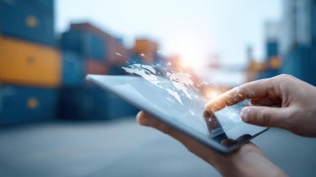 Global Logistics Management Man Using Tablet for Supply Chain Tracking and International Shipping Operations photo