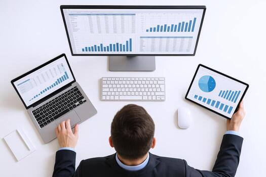 Analyst Reviewing Financial Data on Multiple Screens, Featuring Bar Charts and Pie Charts for Business Insights photo
