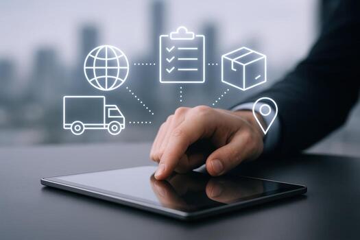 Digital Logistics Management Businessman Using Tablet for Supply Chain Optimization and Delivery Solutions photo
