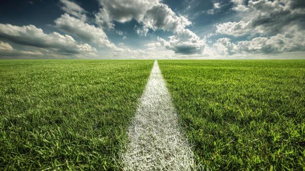 Green Grass Field with White Line Under a Cloudy Sky, Representing Opportunity and Future photo