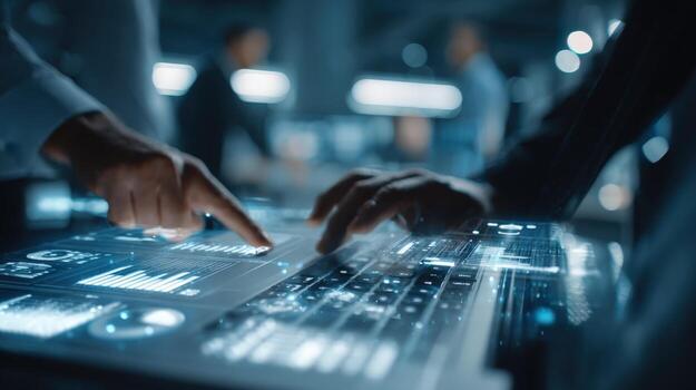 Futuristic Technology Interface Hands Interacting with Digital Screen Displaying Data Visualization and Analytics in a Modern Office photo