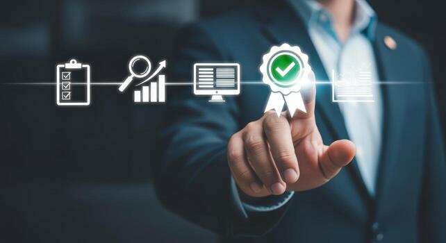 Quality Assurance Concept Businessman Touching Digital Screen with Green Check Mark for Certification photo