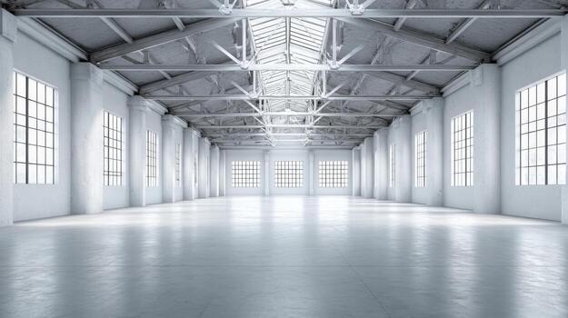 Bright Empty Warehouse Interior with Concrete Floor and Steel Support Structure, Ideal for Manufacturing, Storage, or Events photo