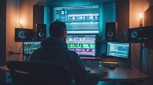 Sound Engineer at Work in Recording Studio, Mixing Audio Tracks on Computer photo