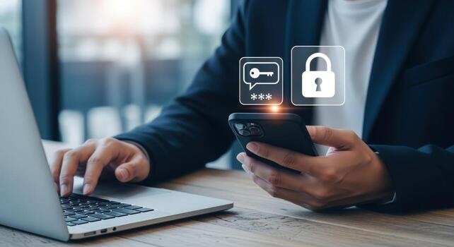 hombre utilizando ordenador portátil y teléfono inteligente para seguro en línea bancario con dos factores autenticación sistema foto