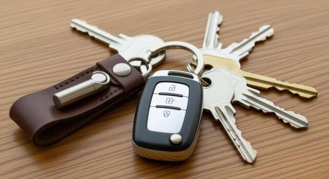 llaves en de madera mesa moderno coche llave engañar con cuero llavero y metal llaves foto