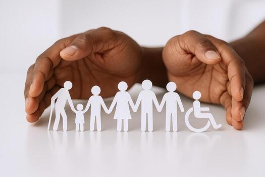 Inclusive Diversity and Protection Paper Cutout Family Under Caring Hands Symbolizing Unity and Support photo