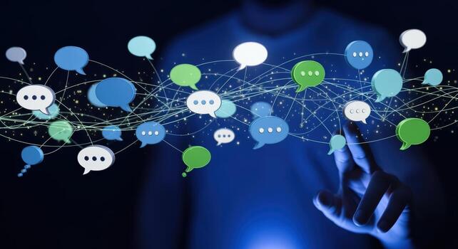Abstract Communication Network with Speech Bubbles and Connecting Lines Representing Global Connectivity and Digital Interaction photo
