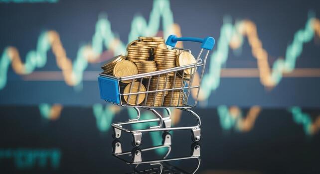 compras carro desbordante con oro monedas en contra borroso valores mercado gráfico fondo, representando inversión y riqueza foto