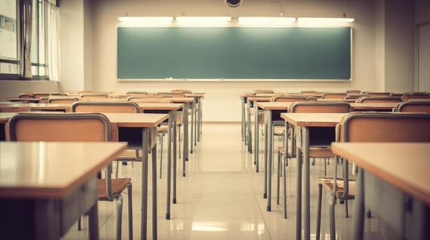 Empty Classroom with Desks and Chalkboard Ready for Students Education and Learning Environment photo