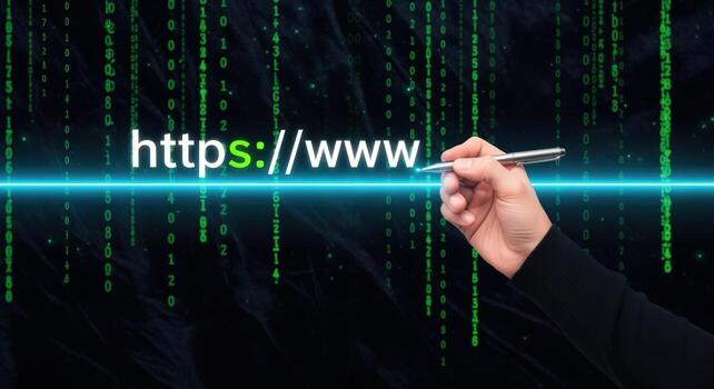 Cybersecurity Concept Hand with Pen Highlighting HTTPS Protocol on Virtual Screen with Digital Binary Background photo