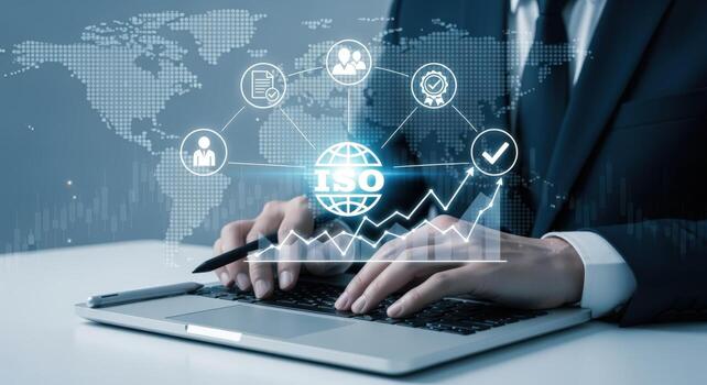 Business Professional Analyzing ISO Standards on Laptop Display with Global Network Background, Showing Growth photo