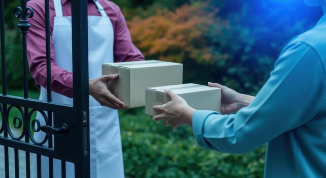 Delivery Person Handing Boxes to Customer at Gate - Secure, Convenient Package Delivery Service photo