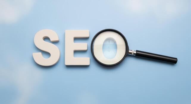 SEO Search Engine Optimization Concept with Magnifying Glass on Blue Background, Website Ranking and Internet Marketing photo