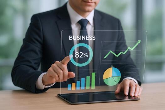 Businessman Analyzing Virtual Financial Data on Holographic Display for Strategic Planning and Investment Decisions photo