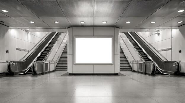 Subway Station Ad Space with Escalators, Blank Billboard, Modern Architecture in Urban Commute Setting photo