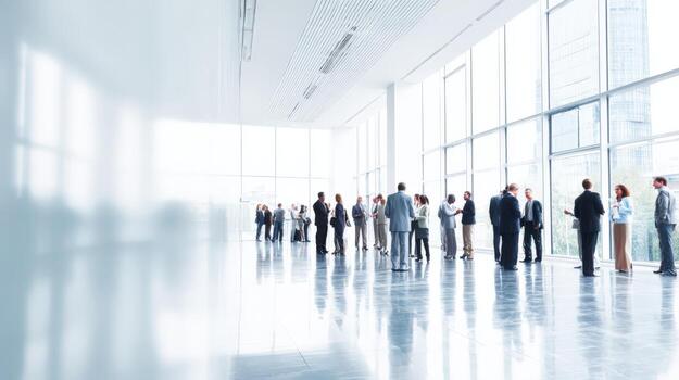 Business Professionals Networking at Conference in Modern, Bright Atrium with Panoramic Windows and Ample Copy Space photo