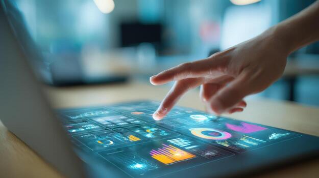 Interactive Touchscreen Technology Displaying Data Visualization with User Interface, Providing Information and Insights in Modern Office Setting photo