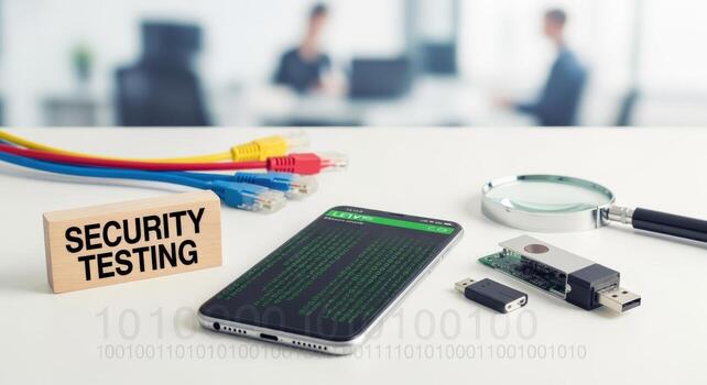 Security Testing and Data Analysis on Mobile Phone with Cables and Binary Code Background photo