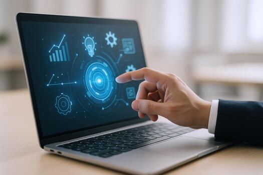 Man Interacting with Futuristic Interface on Laptop, Showcasing Technology and Data Analysis photo