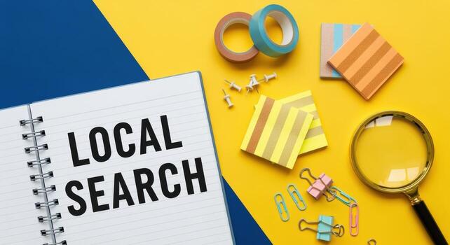 Local Search Concept Open Notebook with Text on a Yellow and Blue Background with Office Supplies photo