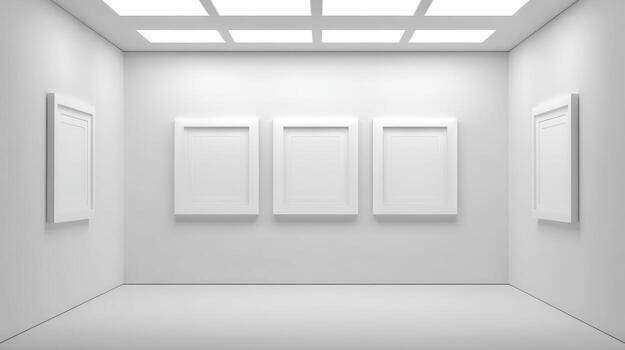Modern Gallery Interior with Blank White Frames for Art Mockups and Exhibition Display photo