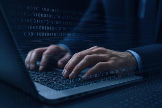 Cybersecurity Professional Typing on Laptop with Binary Code Overlay for Data Protection and Digital Security photo