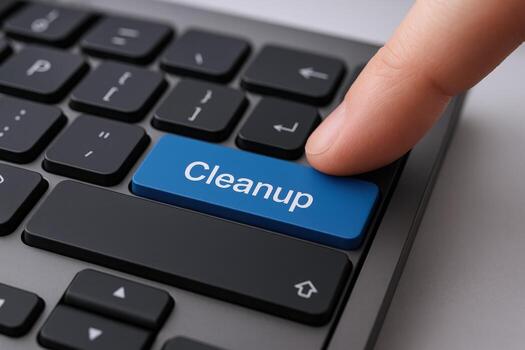 Finger pressing the cleanup button on a keyboard, symbolizing digital organization and data management photo