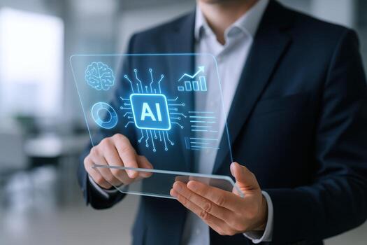 Businessman Interacting with Artificial Intelligence Interface, Exploring Data Insights and Futuristic Technology Solutions in Business photo