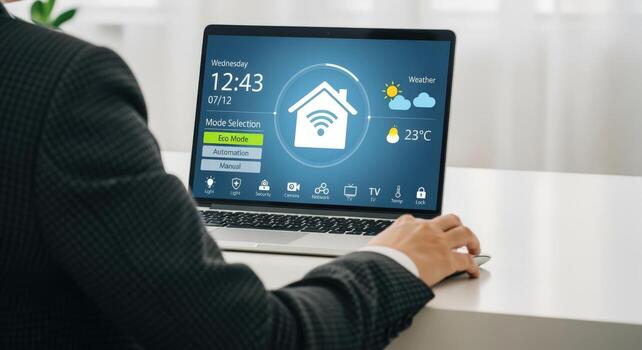 Smart Home Automation System Interface on Laptop Screen Displaying Control and Monitoring Features for Modern Living photo
