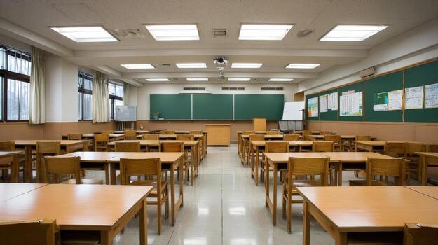 Empty Classroom with Desks and Chalkboard Ready for Students, Representing Education and Learning photo