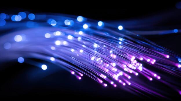 Fiber Optic Cables with Glowing Ends, Data Transmission and Telecommunications Technology Abstract Background photo