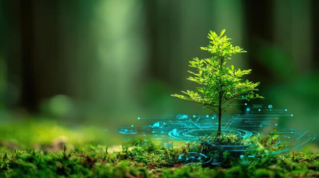 Young Tree Sapling Emerging in Forest, Representing Growth, Technology, and Sustainable Future Concepts photo