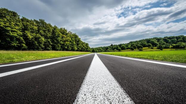 Open Road Ahead Scenic Asphalt Highway Through Green Fields Under a Cloudy Sky photo