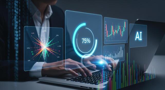 Data Analysis Visualization on Laptop Businesswoman Working with Artificial Intelligence Interface for Financial Forecasts and Stock Market Analytics photo