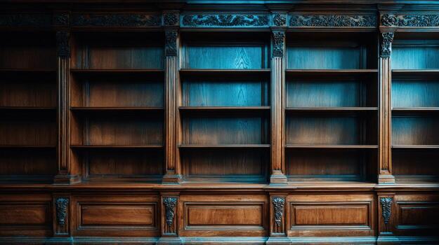Empty Wooden Bookshelf Interior Design with Ornate Detailing and Classic Architecture for Library or Home photo