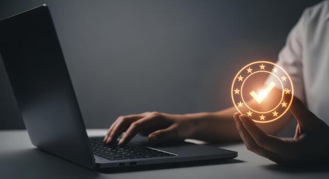 Digital Verification Concept Person Using Laptop with Checkmark Hologram, Symbolizing Approval and Quality photo