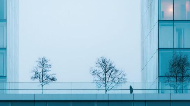 Modern Urban Landscape with Minimalist Architecture and Trees in Winter Hues, Demonstrating Serenity and Contemporary Design photo