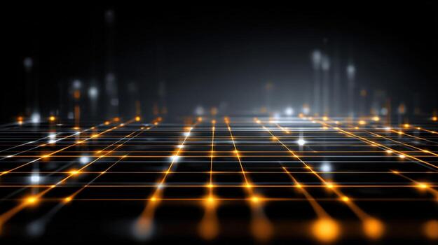 Abstract Data Grid Golden Network on Black Background, Technology Concept, Connection, Futuristic Design photo